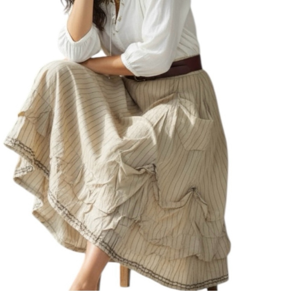 SAGA Pleated Cottagecore Lagenlook Adjustable Drawstring Hem Champagne Skirt - Picture 2 of 16